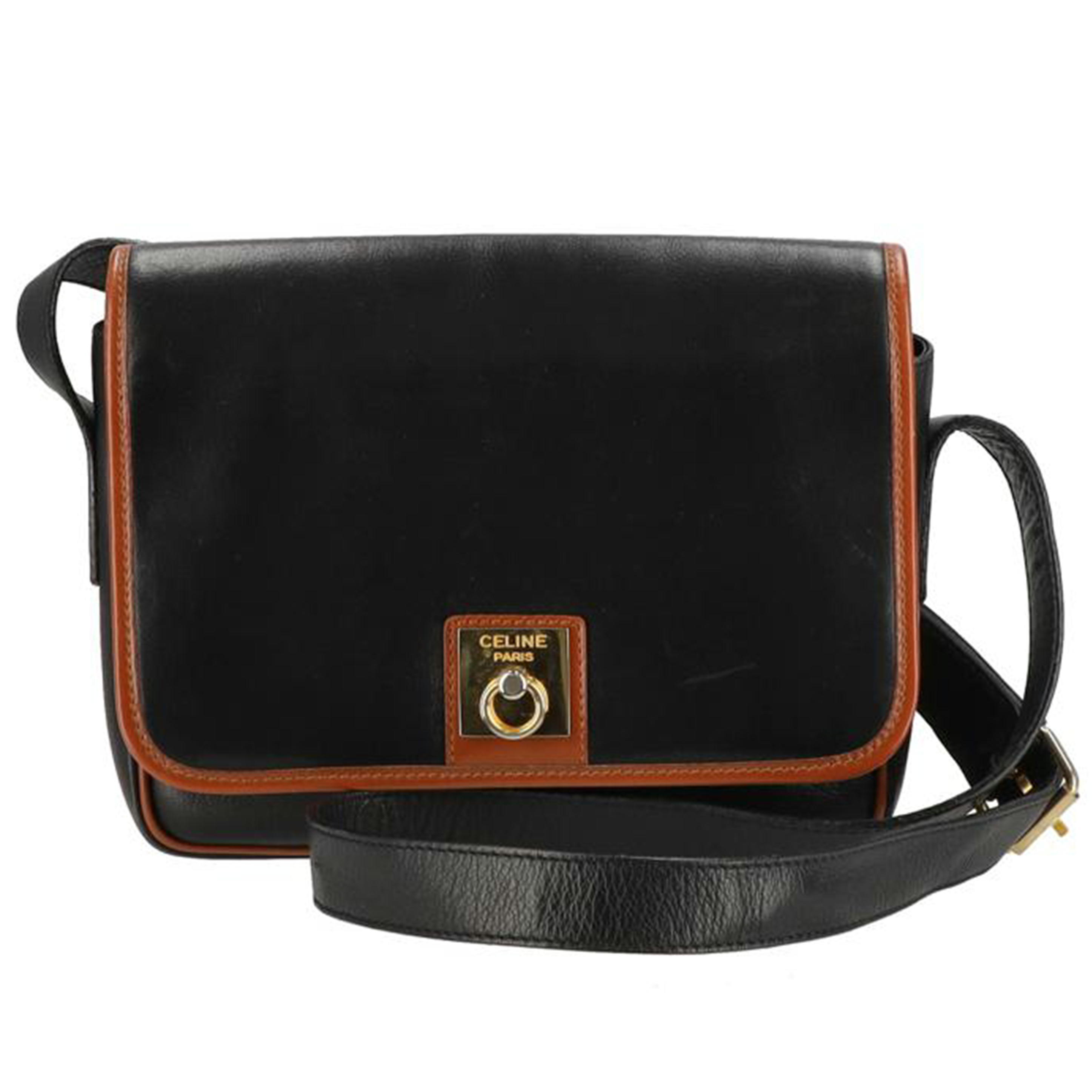 Celine Leather Crossbody Bag Black Leather Tan Leather